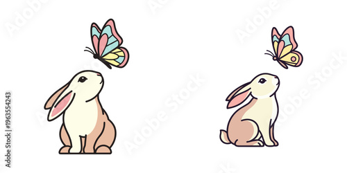 Rabbit observing colorful butterfly isolated on transparent background  