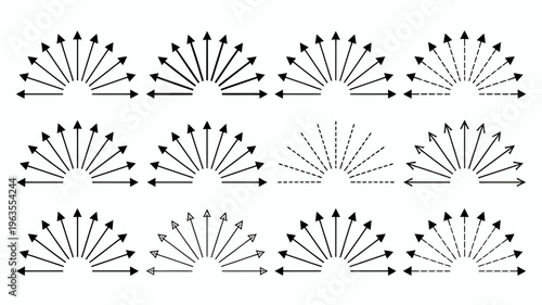 A collection of radial patterns depicting arrows emanating from a central point arranged in a grid like formation high quality professional detailed modern elegant stylish clean