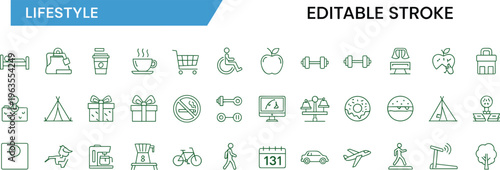 Set of Lifestyle and Wellness Icons Featuring Fitness Equipment Healthy Food Travel Camping Coffee Culture and Daily Routine Symbols Vector Line Art