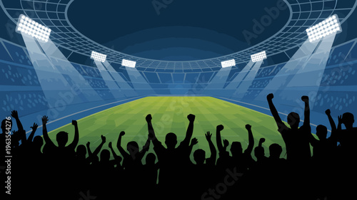 A vibrant illustration depicts a stadium filled with cheering fans illuminated by bright stadium lights during a sporting event high quality professional detailed modern elegant stylish