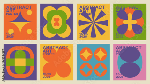 A grid of eight colorful abstract posters featuring geometric shapes and bold color blocking with text reading abstract poster and dates high quality professional detailed modern