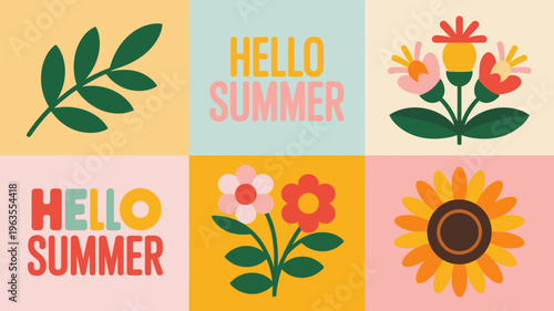 A colorful grid design features floral and botanical illustrations alongside the text hello summer in vibrant hues high quality professional detailed modern elegant stylish clean crisp