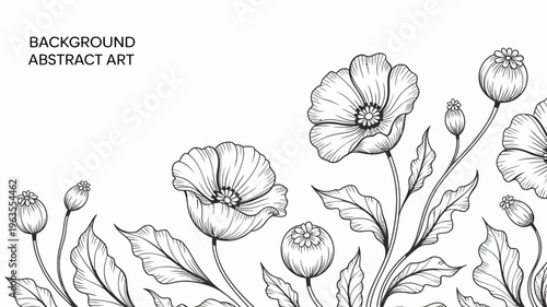 A delicate black and white illustration showcases poppy flowers and buds with intricately detailed linework against a stark white background high quality professional modern elegant stylish