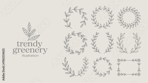 A collection of delicate hand drawn style illustrations featuring leafy wreaths branches and botanical elements in neutral tones high quality professional detailed modern elegant stylish clean
