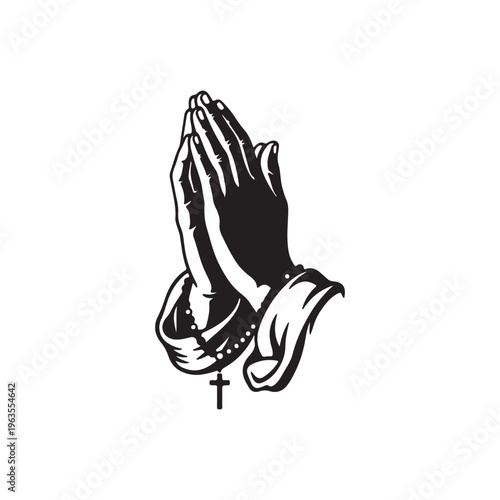 Detailed black silhouette of praying hands adorned with a rosary and a cross symbolizing faith prayer and devotion on a white
