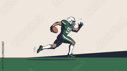 An illustration depicts a football player in a dark green uniform running with the ball poised for action on a vibrant field high quality professional detailed