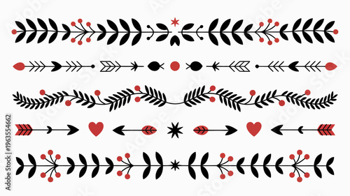 A decorative set of black botanical and arrow themed elements arranged in horizontal rows with red berry accents high quality professional detailed modern elegant stylish clean