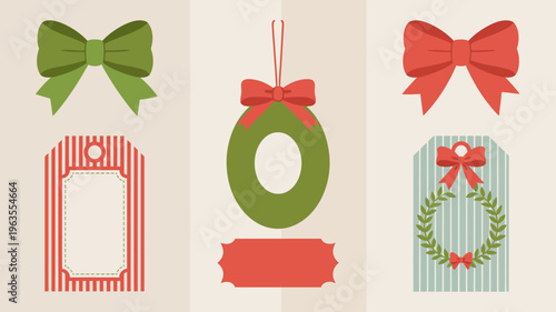 A colorful arrangement of festive holiday gift tags featuring bows wreaths and patterned backgrounds perfect for seasonal gifting high quality professional detailed modern elegant stylish clean