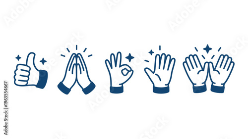 A collection of hand gestures is displayed including thumbs up clapping praise and open hands with sparkling effects high quality professional detailed modern elegant stylish clean