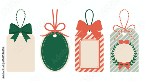 A collection of four decorative gift tags in varying shapes colors and ribbon styles ready for personalized messages high quality professional detailed modern elegant stylish clean