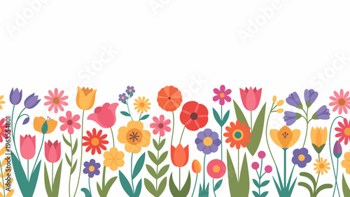 A vibrant and colorful collection of stylized flowers and foliage creates a cheerful repeating floral border design high quality professional detailed modern elegant stylish clean crisp