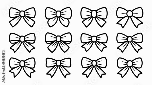 A collection of twelve black and white bows are neatly arranged in a grid pattern showcasing various styles and designs high quality professional detailed modern elegant