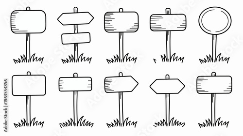 A collection of hand drawn wooden signs and a circular marker are displayed against a plain white background offering versatile directional options high quality professional detailed