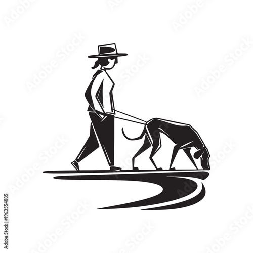 Person wearing a hat walking a dog on a leash with the dog sniffing the ground on a curved path in black and white