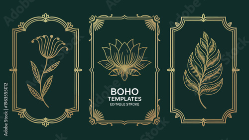 An ornate dark green background displays three golden botanical frames featuring a flower lotus and leaf design high quality professional detailed modern elegant stylish clean crisp