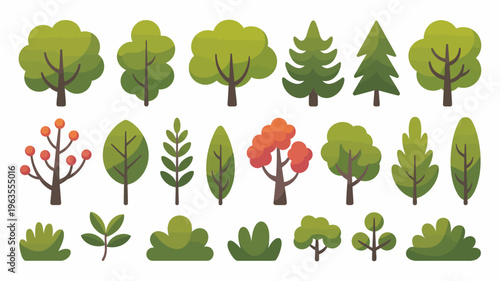 A colorful collection of cartoon trees and foliage including deciduous coniferous and shrub varieties arranged on a white background high quality professional detailed modern elegant stylish