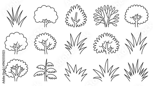 A collection of various tree and plant line drawings is displayed showcasing different shapes sizes and foliage styles in black and white high quality professional detailed
