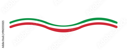 Italian flag colors wavy ribbon vector, green and red curved lines on white background, minimalist tricolor wave border for food and travel branding