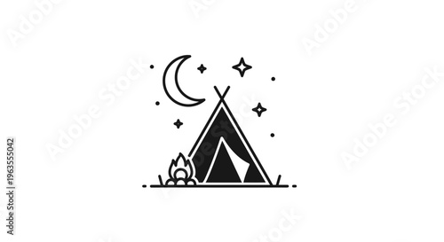 Camping Scene with Tent, Fire, Moon and Stars - Outdoor Adventure