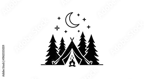 Camping Scene with Tent, Trees, Moon and Fire - Outdoor Adventure