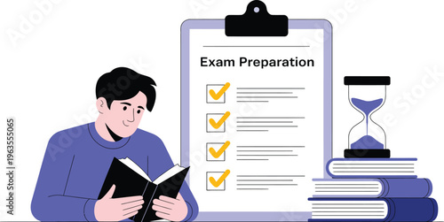 Exam preparation concept illustration with student studying checklist, time management, books and hourglass, education planning and test readiness