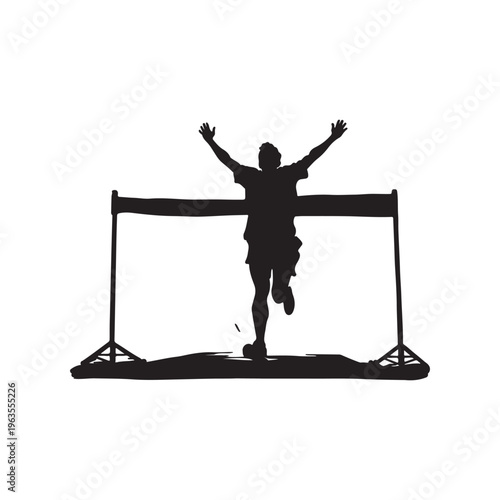 Silhouette of a triumphant runner crossing the finish line with arms raised in victory at a race on a white background