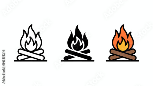 Three stylized depictions of a campfire are shown varying in color scheme white black and orange with yellow high quality professional detailed modern elegant stylish clean