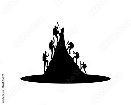 Silhouettes of a group of climbers scaling a jagged mountain peak with trekking poles against a white background symbolizing