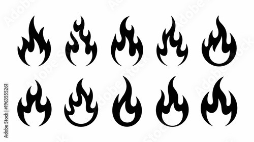A collection of stylized black flame graphics are displayed in a grid arrangement showcasing diverse fire shapes and designs high quality professional detailed modern elegant stylish