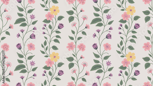 A seamless pattern displays delicate floral stems with pink yellow and purple blossoms against a soft neutral background high quality professional detailed modern elegant stylish clean