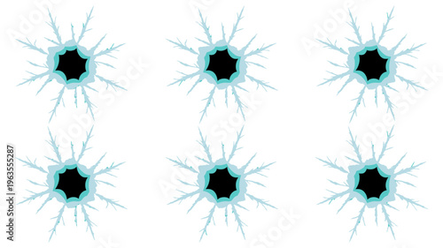 A striking image displays six symmetrical snowflake like formations against a stark black background featuring teal centers and spiky white extensions high quality professional detailed modern