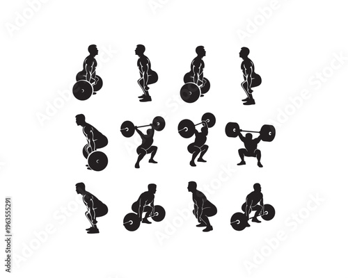 Silhouettes of a Weightlifter Performing Different Stages of a Barbell Lift on a White Background movements