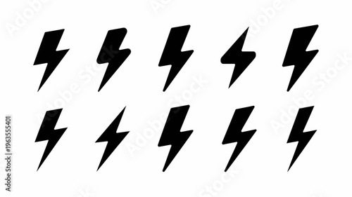 A collection of ten black lightning bolt icons are displayed against a plain white background showcasing varying shapes and orientations high quality professional detailed modern elegant
