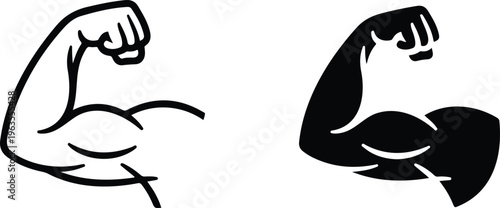 Black and white arm muscle illustration with half outline detail and half solid silhouette showing strength clean minimal vector