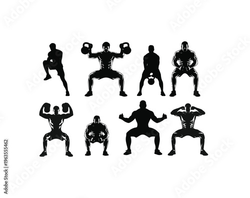 Silhouettes of men performing various weightlifting exercises with kettlebells and dumbbells showcasing strength training and