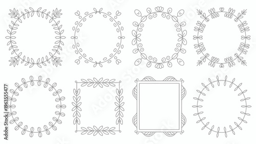 A collection of hand drawn floral and geometric frames are displayed in black and white offering versatile decorative elements for various design projects high quality professional