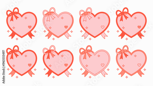 Eight pink heart illustrations with red ribbons and small heart details are arranged in a grid pattern on a white background high quality professional detailed modern