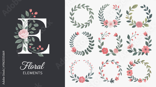 An elegant display of floral elements featuring a large letter e and several decorative wreaths and botanical arrangements high quality professional detailed modern stylish clean crisp