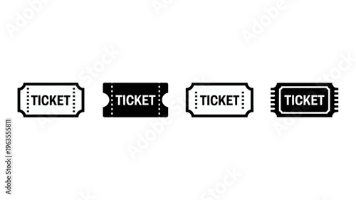 A set of four black ticket icons are displayed on a white background each varying slightly in shape and detail high quality professional detailed modern elegant