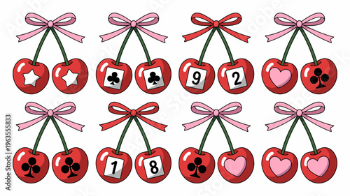 A colorful arrangement displays nine cherries each featuring a different symbol or number on their rounded red bodies high quality professional detailed modern elegant stylish clean
