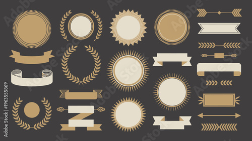 A collection of golden frames ribbons and laurel wreaths are displayed against a dark background offering versatile design elements high quality professional detailed modern elegant stylish