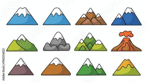 A collection of nine cartoon mountains each with unique colors and features including a volcanic eruption high quality professional detailed modern elegant stylish clean crisp vibrant