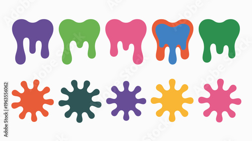 An assortment of colorful abstract shapes resembling spilled paint or organic forms are arranged in two rows on a white background high quality professional detailed modern