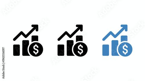 A set of three icons depicting financial growth showcasing a rising graph above dollar sign symbols in varying colors high quality professional detailed modern elegant stylish