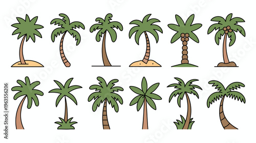 A collection of cartoon palm trees with varying heights shapes and slight color differences are displayed on a white background high quality professional detailed modern elegant