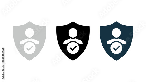 Three shield icons depict a person with a checkmark presented in varying shades of gray and blue high quality professional detailed modern elegant stylish clean crisp