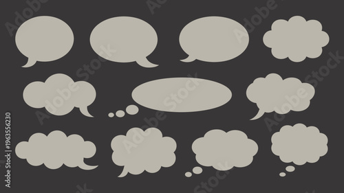 A collection of gray speech bubbles and thought clouds are arranged against a dark solid black background high quality professional detailed modern elegant stylish clean crisp