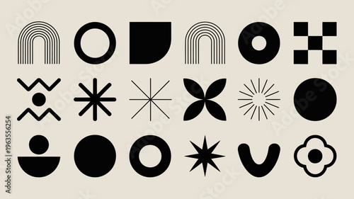 A minimalist arrangement showcases diverse geometric shapes and abstract designs in black and white creating a visually balanced composition high quality professional detailed modern elegant stylish