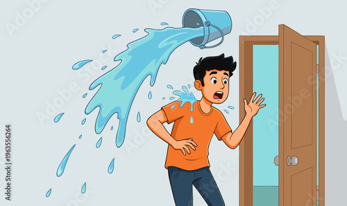 Funny Cartoon Boy Getting Splashed with Water Surprise Reaction Illustration