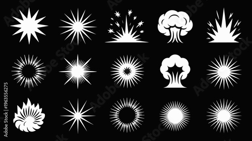 A collection of white stylized explosion graphics are displayed against a solid black background showcasing various burst and impact shapes high quality professional detailed modern elegant